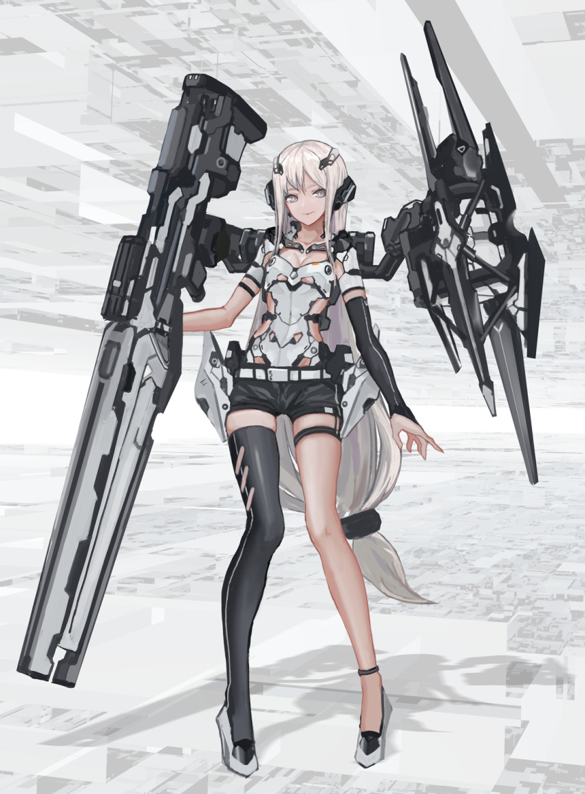 1girl black_legwear black_shorts bridal_gauntlets cancell elbow_gloves full_body gloves headgear highres long_hair looking_at_viewer mecha_musume original pigeon-toed revision science_fiction short_shorts shorts single_thighhigh solo standing thigh-highs weapon white_eyes white_hair