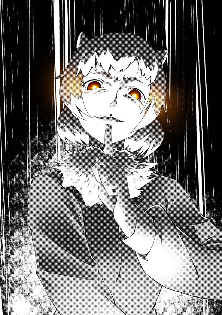 1girl animal_ears aura bangs black-tailed_prairie_dog_(kemono_friends) commentary dark_aura evil_smile finger_to_mouth fur_collar glowing glowing_eyes greyscale halftone highres kaya_(nari1-24) kemono_friends long_sleeves looking_at_viewer monochrome orange_eyes pointing pointing_up prairie_dog_ears short_hair shushing smile solo standing upper_body yellow_eyes