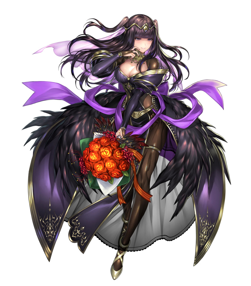 1girl bangs black_hair bouquet breasts cleavage dress fire_emblem fire_emblem:_kakusei fire_emblem_heroes flower full_body hair_ornament high_heels highres holding large_breasts long_hair looking_away official_art see-through senchat solo tharja transparent_background
