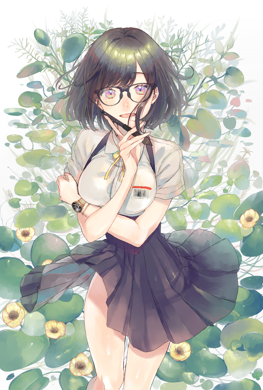 1girl absurdres barcode black_hair black_skirt breasts fingernails glasses highres holding holding_pen large_breasts multicolored multicolored_eyes neck_ribbon open_mouth original pen plant pleated_skirt ribbon shirt short_hair short_sleeves sinomi skirt solo stylus watch white_shirt wind wind_lift