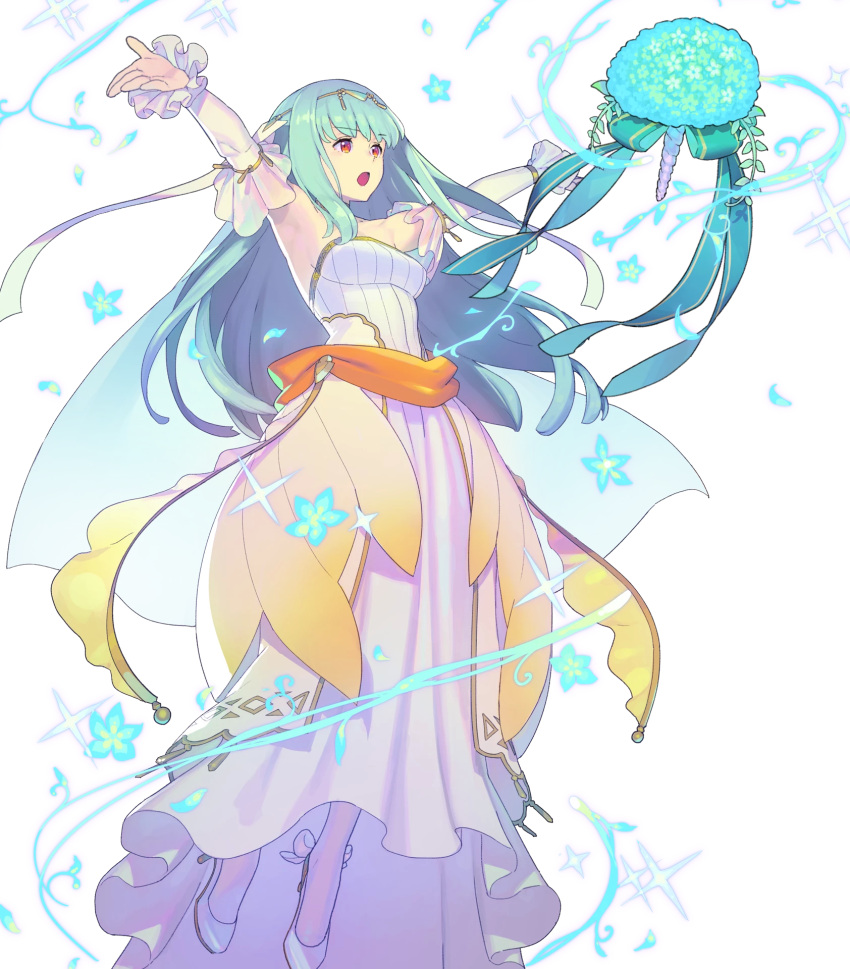 1girl blue_hair dress fire_emblem fire_emblem:_rekka_no_ken fire_emblem_heroes flower full_body hair_ornament highres long_hair nagisa_kurousagi ninian official_art red_eyes solo transparent_background