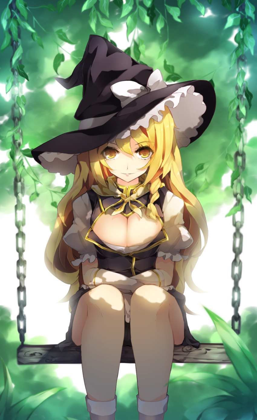 1girl adapted_costume black_dress black_hat blonde_hair bow braid breasts chains chiroru_(cheese-roll) cleavage commentary_request dress eyebrows_visible_through_hair feet_out_of_frame gloves hair_between_eyes hat hat_bow highres kirisame_marisa leaf long_hair looking_at_viewer plant puffy_short_sleeves puffy_sleeves short_sleeves single_braid sitting smile socks solo swing touhou white_bow white_gloves white_legwear witch_hat yellow_eyes