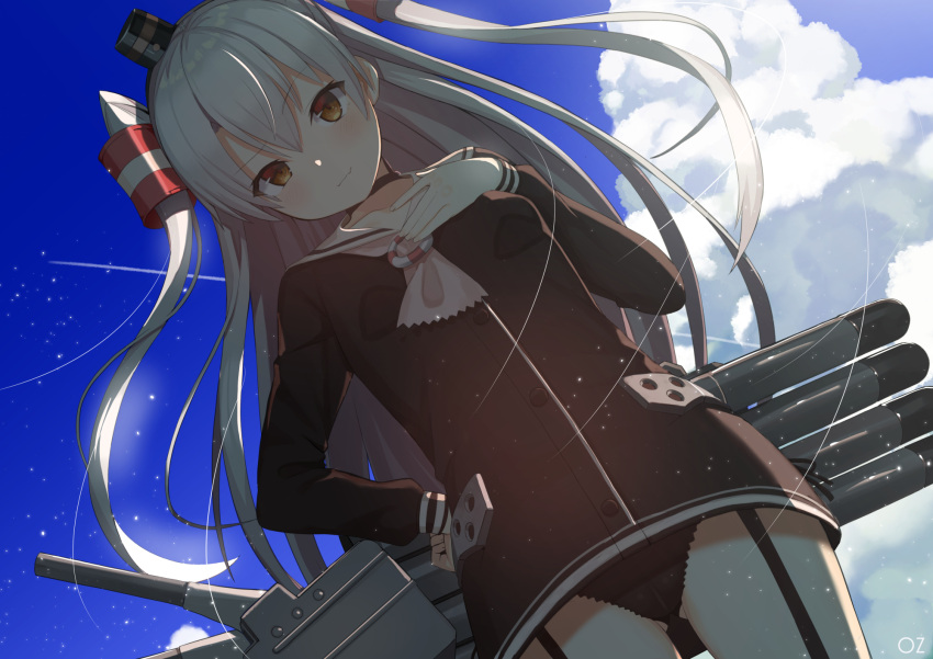 1girl amatsukaze_(kantai_collection) bangs black_panties blue_sky breasts brown_eyes clouds day eyebrows_visible_through_hair floating_hair from_below garter_straps hair_between_eyes hair_ornament highres kantai_collection long_hair outdoors oz_(user_zakk5472) panties silver_hair sky small_breasts solo standing torpedo_tubes underwear very_long_hair