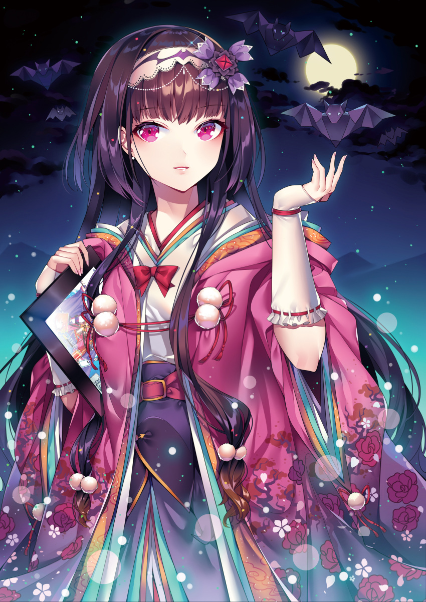 1girl absurdres bat brown_hair clouds earrings fate/grand_order fate_(series) fingernails floral_print fujimaru_ritsuka_(female) full_moon hair_ornament hand_up highres japanese_clothes jewelry kimono long_hair may_(2747513627) meta miyamoto_musashi_(fate/grand_order) moon night night_sky origami osakabe-hime_(fate/grand_order) parted_lips pink_eyes sidelocks sky solo very_long_hair wide_sleeves