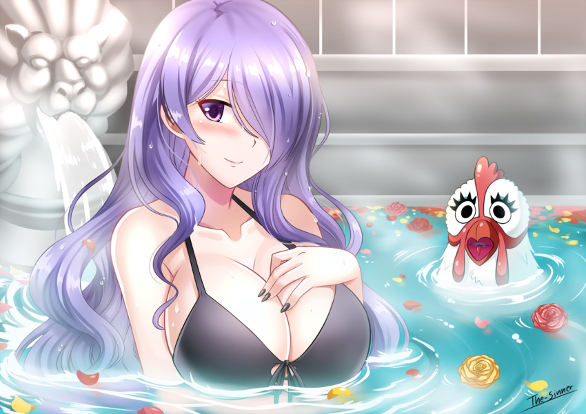 1girl bikini bird blush breasts camilla_(fire_emblem_if) chicken fire_emblem fire_emblem_if hair_over_one_eye large_breasts long_hair purple_hair rooster smile solo swimsuit the-sinner very_long_hair violet_eyes water wavy_hair