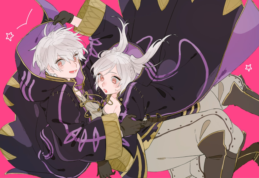 1boy 1girl black_gloves breasts brown_eyes cleavage cloak female_my_unit_(fire_emblem:_kakusei) fire_emblem fire_emblem:_kakusei gloves grey_hair hood hood_down hooded_cloak itou_(very_ito) long_hair long_sleeves male_my_unit_(fire_emblem:_kakusei) my_unit_(fire_emblem:_kakusei) open_mouth short_hair simple_background twintails wide_sleeves