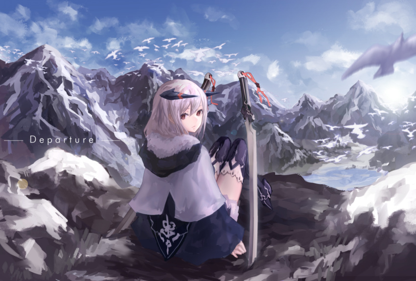 1girl blue_sky cancell capelet closed_mouth clouds commentary day dual_wielding from_behind hair_between_eyes horns kneehighs knees_together_feet_apart looking_at_viewer looking_back mountain original outdoors red_eyes scenery silver_hair sitting sky snow solo sword weapon