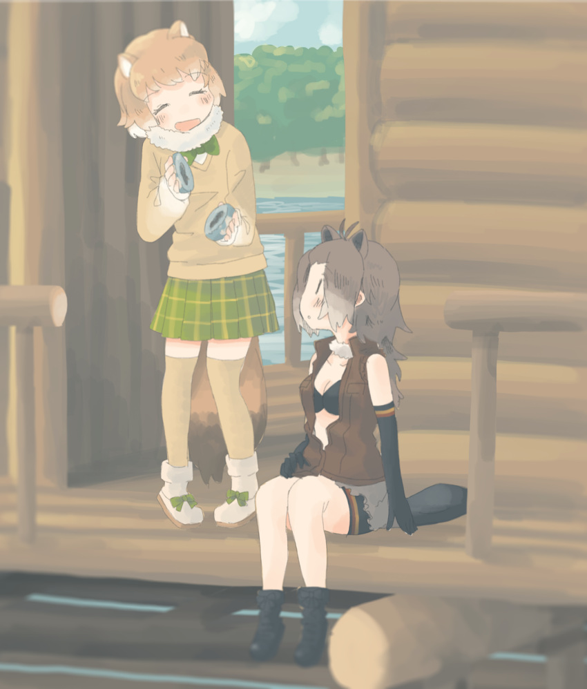 2girls american_beaver_(kemono_friends) animal_ears bare_shoulders beaver_ears beaver_tail bike_shorts bike_shorts_under_shorts black-tailed_prairie_dog_(kemono_friends) boots bow bowtie bra brown_hair commentary_request elbow_gloves eyebrows_visible_through_hair food fur_collar gloves hair_ornament hairclip hasu_(zatsugami) highres japari_bun kemono_friends light_brown_hair log_cabin long_hair long_sleeves multicolored_hair multiple_girls plaid plaid_skirt pleated_skirt prairie_dog_ears prairie_dog_tail shoe_bow shoes short_hair short_shorts shorts sitting skirt standing sweater tail thigh-highs underwear vest white_hair