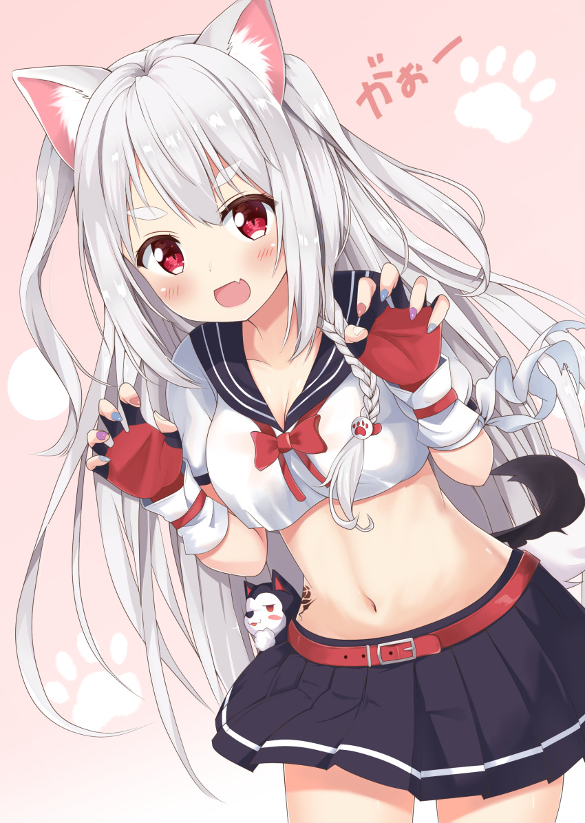 1girl :d absurdres animal_ears azur_lane bangs belt_buckle black_sailor_collar black_skirt blue_nails blush bow bowtie breasts brown_nails buckle cleavage commentary_request crop_top eyebrows_visible_through_hair fang fingerless_gloves gloves hair_between_eyes highres kyuujou_komachi leaning_forward looking_at_viewer medium_breasts multicolored multicolored_nail_polish nail_polish navel open_mouth pleated_skirt puffy_short_sleeves puffy_sleeves purple_nails red_belt red_eyes red_gloves red_neckwear sailor_collar school_uniform serafuku shirt short_sleeves silver_hair skirt smile solo tail thick_eyebrows white_shirt wolf_ears wolf_girl wolf_tail yuudachi_(azur_lane)