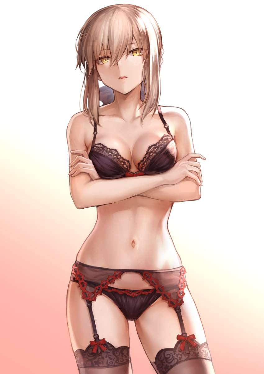 1girl artoria_pendragon_(all) black_panties blonde_hair blue_bow bow bra braid breasts cleavage commentary_request crossed_arms fate/grand_order fate_(series) french_braid garter_belt hair_bun hair_intakes highres lace lace_bra lingerie looking_at_viewer mashu_003 medium_breasts navel panties red_bow saber_alter simple_background solo standing stomach thigh-highs underwear yellow_eyes