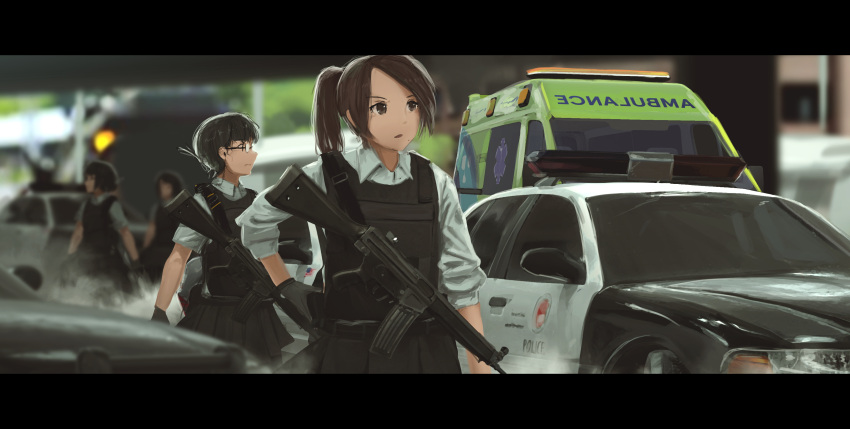 1girl 4girls absurdres assault_rifle black_gloves black_hair black_skirt blurry blurry_background brown_eyes brown_hair bulletproof_vest car collared_shirt commentary depth_of_field english_commentary faiz_azhar glasses gloves grey_shirt ground_vehicle gun highres holding holding_gun holding_weapon letterboxed motor_vehicle multiple_girls original outdoors parted_lips pleated_skirt police police_car ponytail rifle shirt short_hair short_sleeves skirt solo standing weapon wing_collar