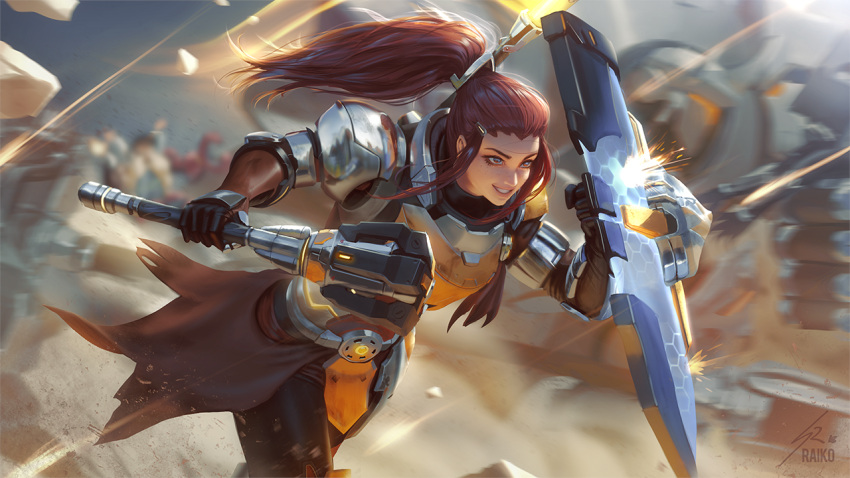 1girl 2boys armor blurry brigitte_(overwatch) brown_eyes brown_hair bullet debris depth_of_field dust energy_shield freckles glowing hair_ornament hairclip hammer mace multiple_boys overwatch ponytail raikoart reinhardt_(overwatch) rock running shield smile solo_focus torbjorn_(overwatch) weapon