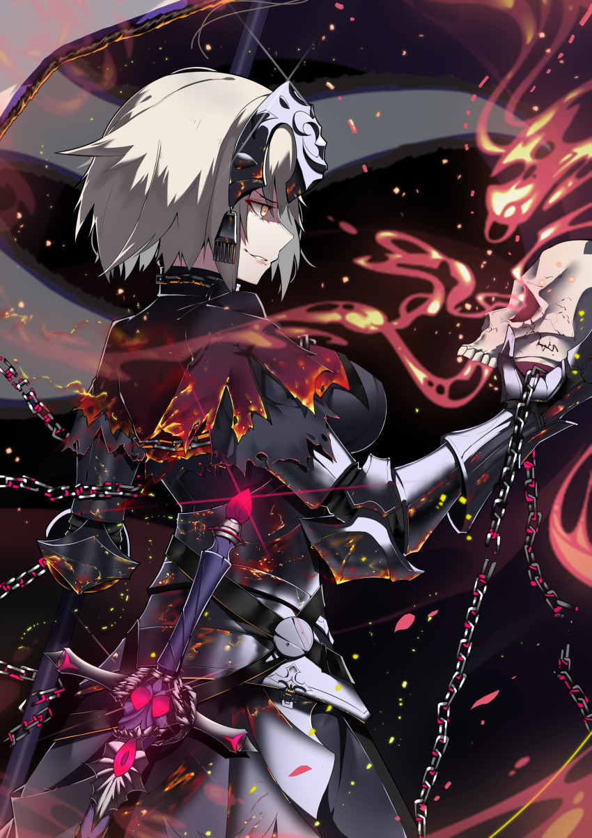 1girl absurdres armor armored_dress bangs banner black_background black_capelet black_dress blurry breasts broken broken_chain capelet chains commentary cowboy_shot crack depth_of_field dress elbow_pads embers evil_smile eyebrows_visible_through_hair fate/grand_order fate_(series) fire from_side gauntlets glint glowing grey_hair headpiece highres jeanne_d'arc_(alter)_(fate) jeanne_d'arc_(fate)_(all) large_breasts looking_away lucky_(1045044604) pale_skin parted_lips plackart short_hair skull smile smirk solo sparks standing sword torn_capelet torn_clothes v-shaped_eyes weapon yellow_eyes