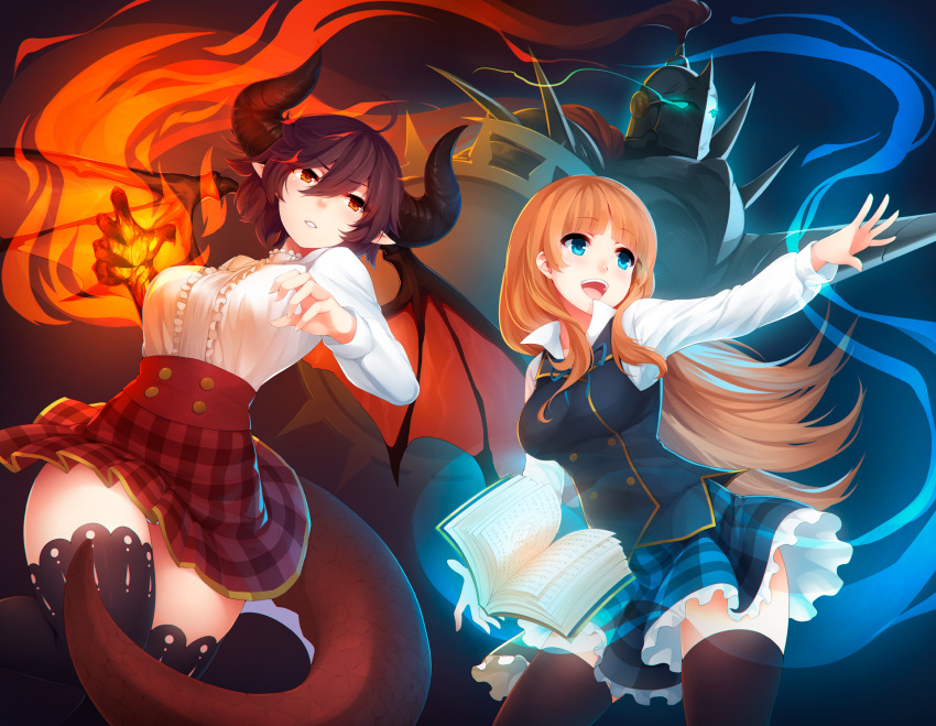 2girls :d ahoge anne_(shingeki_no_bahamut) armor bangs black_legwear blue_eyes blue_skirt blunt_bangs book center_frills claws commentary commentary_request dragon_tail dragon_wings eyebrows_visible_through_hair fire frilled_skirt frills full_armor granblue_fantasy grea_(shingeki_no_bahamut) hair_between_eyes highres horns long_hair long_sleeves magic multiple_girls open_book open_mouth orange_hair outstretched_arm parted_lips paws plaid plaid_skirt pointy_ears purple_hair red_skirt ricegnat shield shingeki_no_bahamut shirt short_hair skirt smile tail thigh-highs white_shirt wings