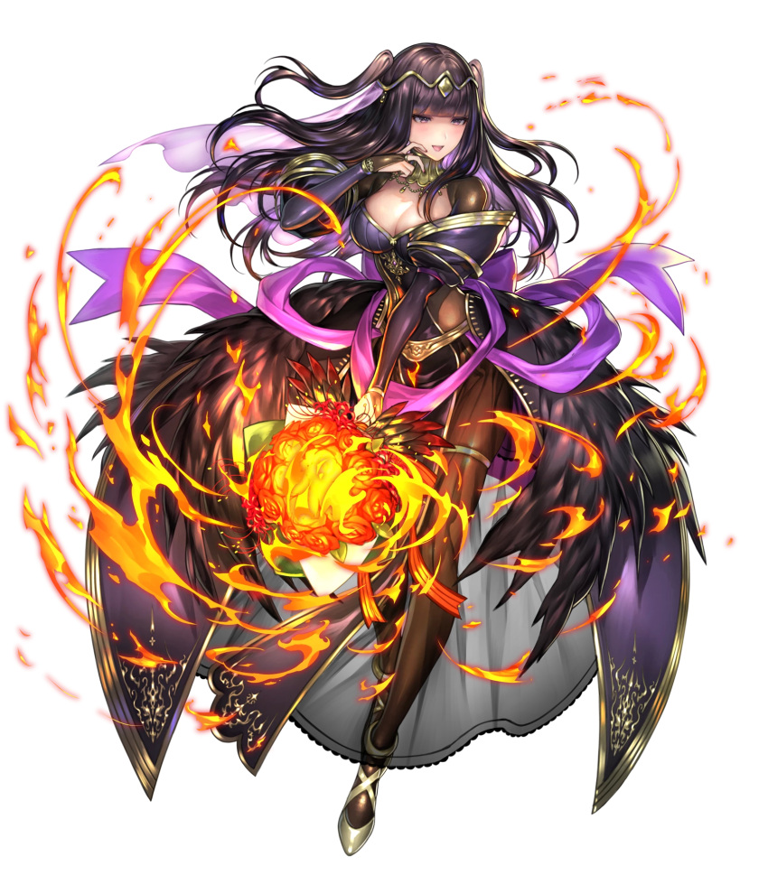 1girl bangs black_hair bouquet breasts cleavage dress fire_emblem fire_emblem:_kakusei fire_emblem_heroes flower full_body hair_ornament high_heels highres holding large_breasts long_hair looking_away official_art open_mouth see-through senchat solo tharja transparent_background