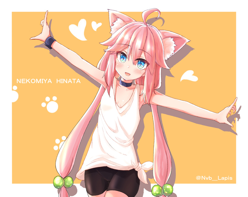 1girl ahoge animal_ears armpits arms_up bike_shorts cat_ears character_name choker hair_bobbles hair_ornament highres hinata_channel long_hair low_twintails nekomiya_hinata open_mouth outstretched_arms pink_hair shimodzuki_no_lapis shorts smile solo twintails upper_body vest virtual_youtuber watch watch white_vest