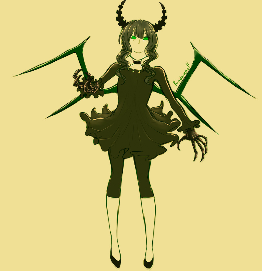 absurdres black_dress black_hair black_rock_shooter bone_wings choker claws dead_master dress frilled_dress frills green highres horns looking_at_viewer pumps rinday00 smile wavy_hair