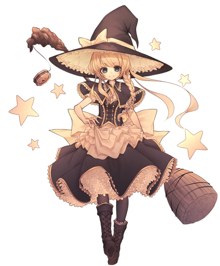 1girl absurdres black_dress black_footwear black_legwear blonde_hair blue_eyes boots bow braid broom capelet dress frilled_dress frills full_body hair_bow hand_on_hip hat hat_bow highres hito_komoru holding holding_broom kirisame_marisa looking_at_viewer mini-hakkero petticoat short_hair short_sleeves side_braid single_braid solo star touhou waist_bow white_bow witch_hat yellow_eyes