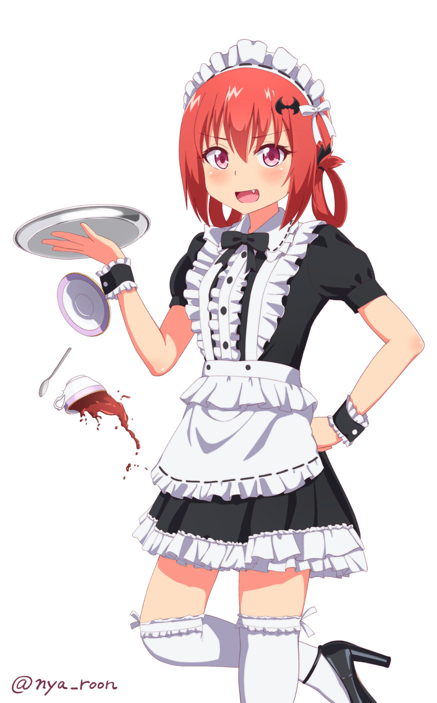 1girl alternate_costume apron bat_hair_ornament cup enmaided failure fang gabriel_dropout hair_ornament hair_rings hand_on_hip high_heels highres holding holding_tray kurumizawa_satanichia_mcdowell maid maid_apron maid_headdress nyaroon open_mouth redhead saucer short_hair_with_long_locks solo spilling spoon standing standing_on_one_leg tea teacup thigh-highs tray twitter_username violet_eyes white_background white_legwear wrist_cuffs