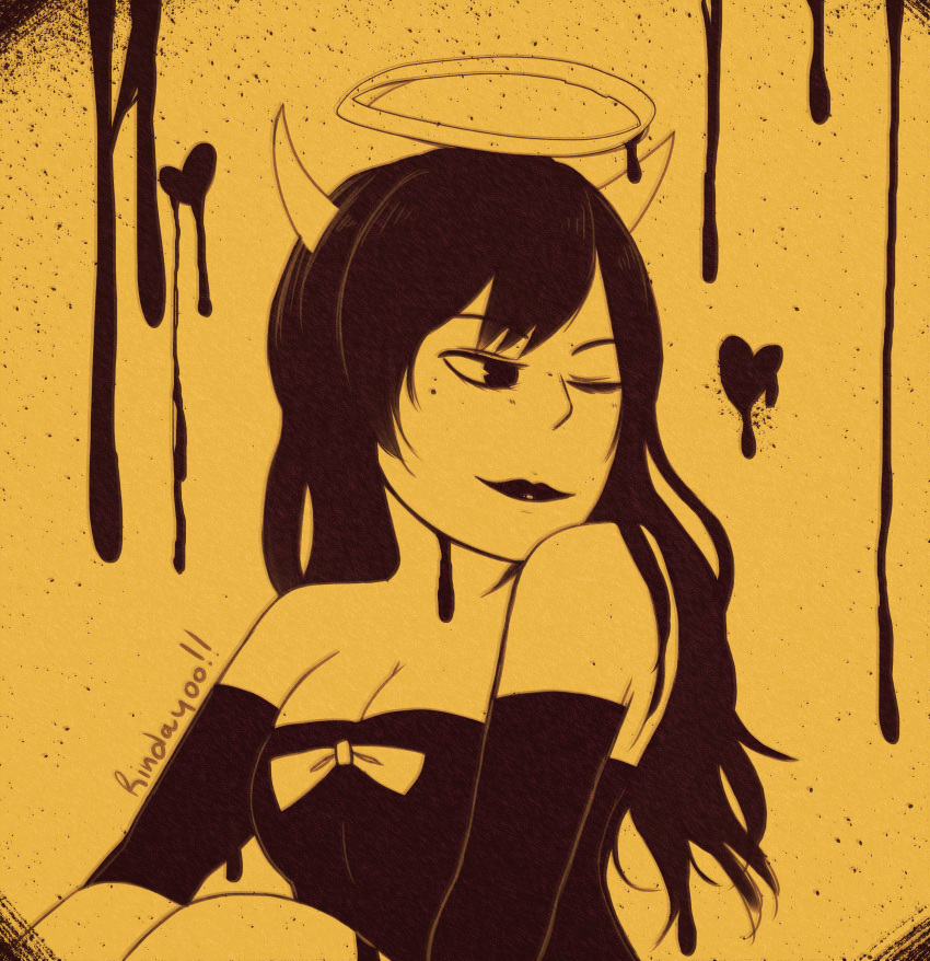 1girl absurdres alice_angel bendy_and_the_ink_machine black_dress black_hair bow dress halo heart highres horns ink long_hair one_eye_closed rinday00 sepia_background video_game