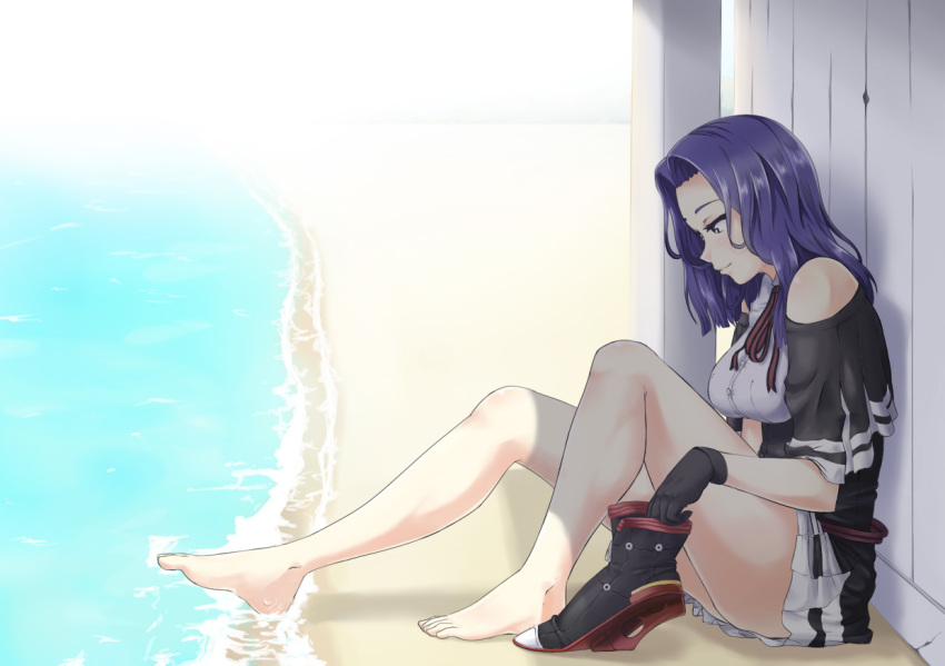 1girl barefoot black_gloves boots breasts closed_mouth day footwear_removed from_side gloves june_(ne_z_asa) kantai_collection large_breasts looking_away looking_down medium_hair ocean outdoors painttool_sai purple_hair sitting skirt smile solo tatsuta_(kantai_collection) thighs white_skirt