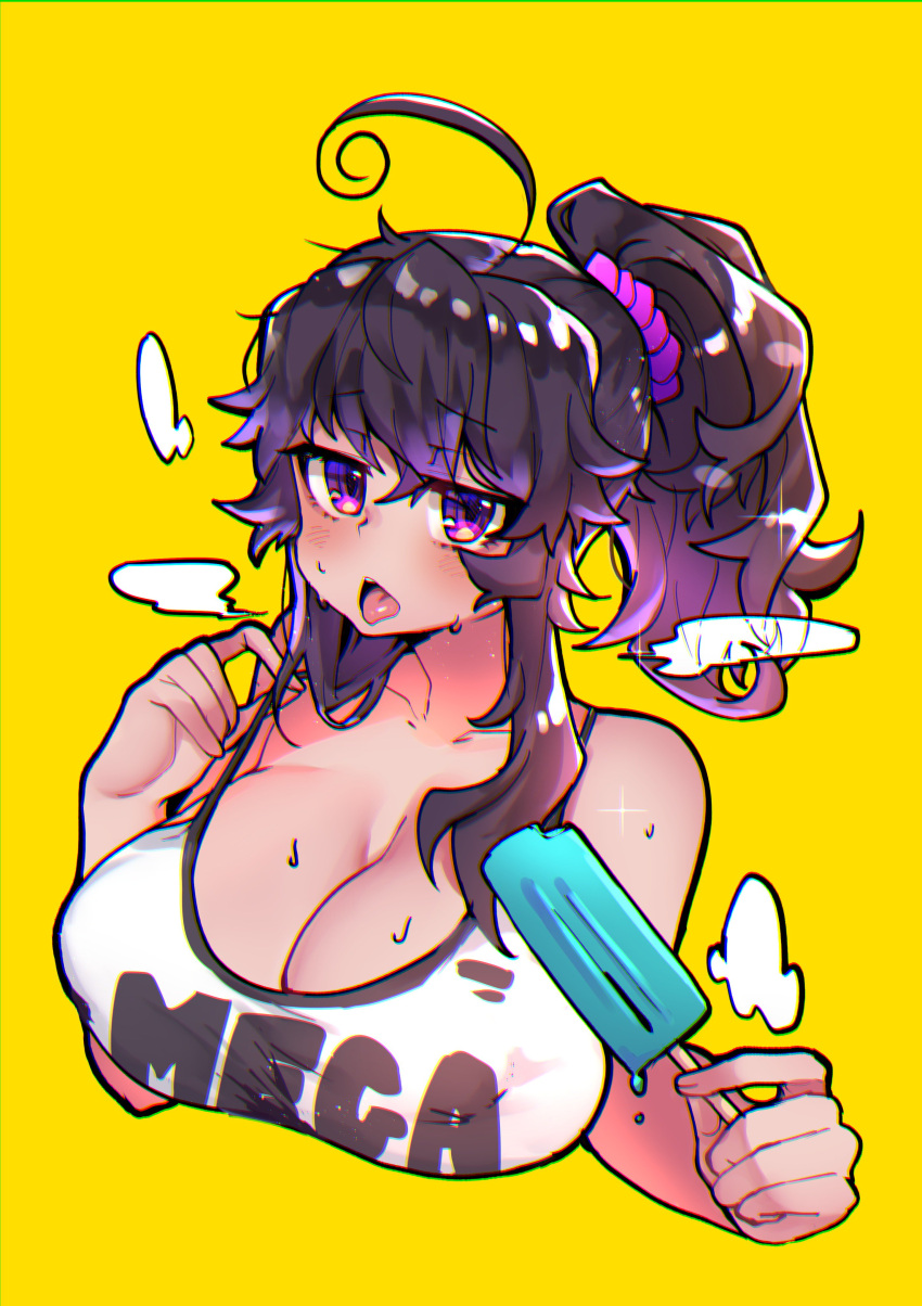 1girl absurdres ahoge bare_shoulders breasts breath chromatic_aberration cleavage commentary covered_nipples english_commentary food hair_ornament hair_scrunchie hand_up highres huge_breasts looking_at_viewer mega_milk nyarla_(osiimi) original osiimi ponytail popsicle purple_hair scrunchie simple_background solo summer sweat tongue tongue_out violet_eyes yellow_background