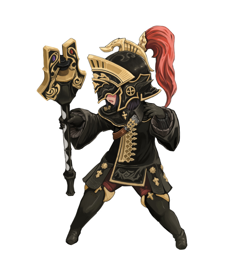 1girl armor black_hair boots commentary_request final_fantasy final_fantasy_xiv full_armor full_body helm helmet highres hitokuirou holding holding_weapon lalafell legs_apart long_sleeves mace open_mouth plume sideways_mouth simple_background solo visor_(armor) weapon white_background