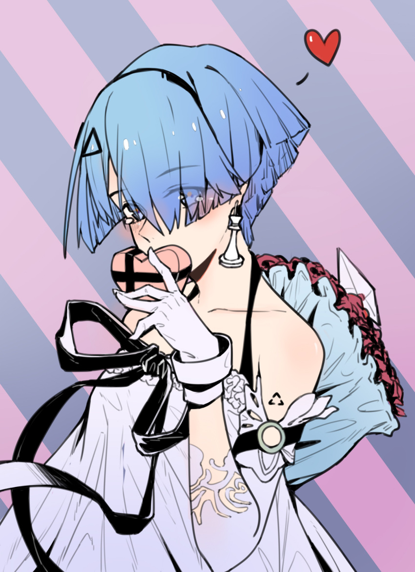 1girl bare_shoulders blue_eyes blue_hair blush bouquet bow chess_piece covering_mouth cyta_celest detached_sleeves dress earrings envelope eyebrows_visible_through_hair eyes_visible_through_hair flower girls_frontline gloves hair_ornament hairclip heart heart-shaped_box highres jewelry looking_at_viewer object_behind_back short_hair solo striped striped_background triangle two-tone_background white_gloves zas_m21_(girls_frontline)