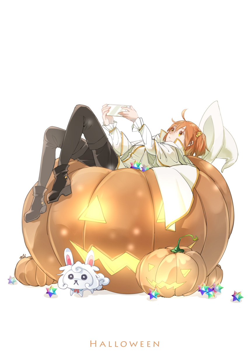absurdres alisius black_footwear black_legwear black_shorts boots brown_eyes cape cellphone fate/grand_order fate_(series) fou_(fate/grand_order) fujimaru_ritsuka_(female) full_body hair_ornament hair_scrunchie halloween halloween_costume hat highres holding holding_phone lying on_back one_side_up orange_hair pantyhose pantyhose_under_shorts phone pumpkin scrunchie short_hair short_shorts shorts simple_background smartphone white_background white_cape white_hat witch_hat yellow_scrunchie