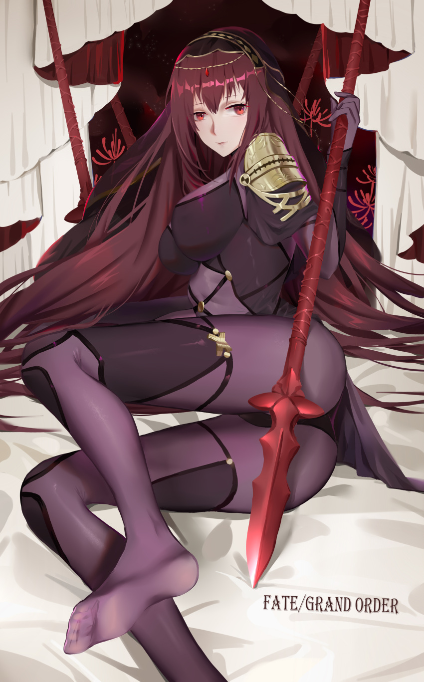 1girl absurdres bodysuit breasts copyright_name fate/grand_order fate_(series) gae_bolg highres holding holding_weapon large_breasts long_hair lying no_shoes on_side polearm purple_bodysuit purple_hair red_eyes scathach_(fate/grand_order) solo spear very_long_hair weapon xtears_kitsune