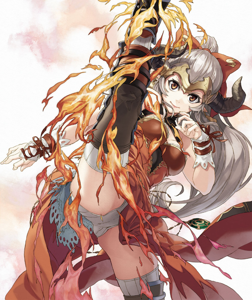 1girl aliza_(granblue_fantasy) bow breasts brown_eyes fire granblue_fantasy hair_bow high_ponytail highres horns leg_up long_hair looking_at_viewer luna_(reclaimed_land) medium_breasts orange_bow panties red_ribbon ribbon silver_hair smile solo standing standing_on_one_leg thigh-highs underwear very_long_hair white_background white_panties wrist_cuffs