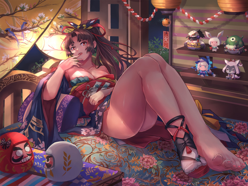 1girl bare_shoulders barefoot bed bell breasts brown_hair cleavage doll facial_mark feet finger_to_mouth floral_print hair_intakes hair_ribbon highres japanese_clothes kimono knees_up lantern large_breasts legs_together long_hair looking_at_viewer lying night obi off_shoulder on_back onmyoji onmyouji open_mouth paper_lantern pentagram ponytail red_eyes ribbon sash shoes sidelocks single_shoe single_sock socks solo tabi toes wide_sleeves yougen_kitsune youtouhime