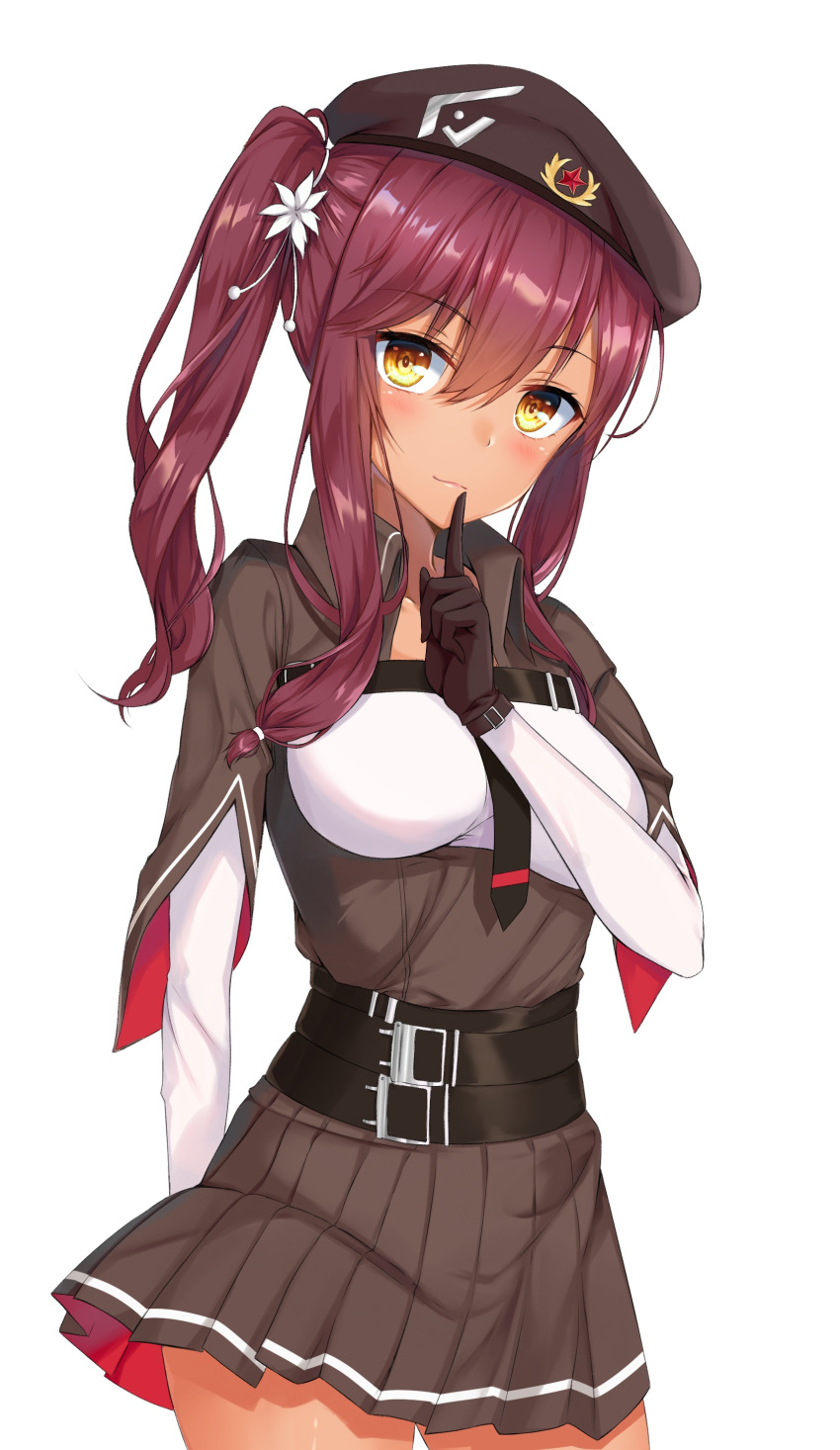 1girl :3 absurdres arm_behind_back bangs belt_buckle beret blush breasts buckle cowboy_shot dark_skin eyebrows_visible_through_hair finger_to_mouth framed_breasts girls_frontline gloves hair_between_eyes hair_ornament hat head_tilt highres index_finger_raised jacket ko_katakuchiiwashi large_breasts long_hair looking_at_viewer multiple_belts pleated_skirt purple_hair saiga-12_(girls_frontline) shushing sidelocks simple_background skirt smile solo thigh-highs twintails white_background white_legwear yellow_eyes