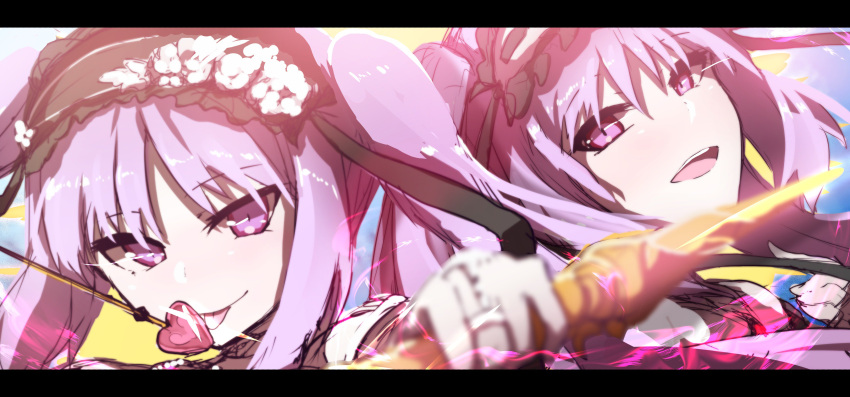 2girls :d :p absurdres arrow bangs black_hairband blurry blurry_foreground blush bow_(weapon) bridal_gauntlets closed_mouth depth_of_field euryale eyebrows_visible_through_hair fate/hollow_ataraxia fate_(series) flower frilled_hairband frills hair_between_eyes hairband head_tilt heart heart_arrow highres holding holding_arrow holding_bow_(weapon) holding_weapon index_finger_raised jewelry long_hair looking_at_viewer multiple_girls open_mouth parted_bangs pink_eyes protected_link purple_hair ribbon-trimmed_hairband ribbon_trim rose sketch smile stheno tongue tongue_out twintails upper_teeth violet_eyes wada_kazu weapon white_flower white_hairband white_rose