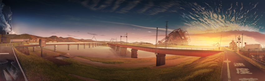 banishment bridge clouds commentary_request day grass highres no_humans original outdoors panorama power_lines railroad_crossing railroad_tracks river road road_sign ruins scenery sign sky street sunset transmission_tower