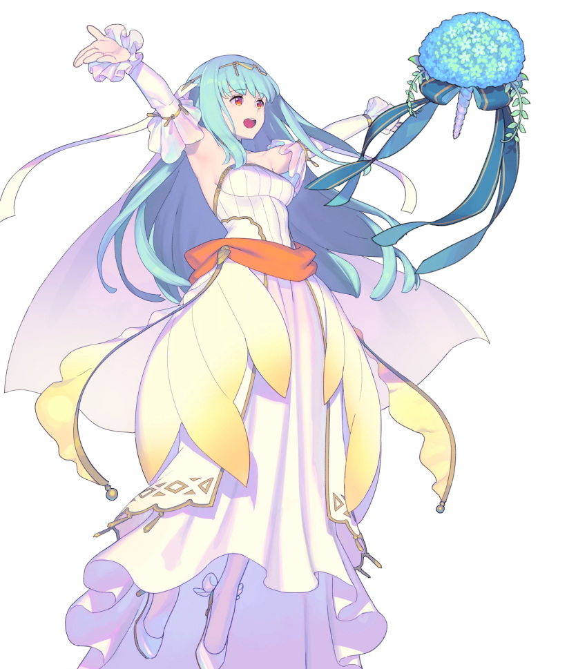 1girl blue_hair dress fire_emblem fire_emblem:_rekka_no_ken fire_emblem_heroes flower full_body hair_ornament highres long_hair nagisa_kurousagi ninian official_art red_eyes solo transparent_background