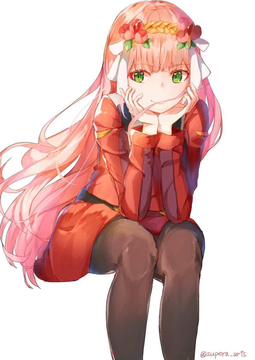 1girl black_legwear breasts darling_in_the_franxx eyebrows_visible_through_hair flower green_eyes hair_flower hair_ornament hairband head_rest highres horns long_hair medium_breasts pink_hair red_horns simple_background sitting smile solo supera twitter_username uniform zero_two_(darling_in_the_franxx)
