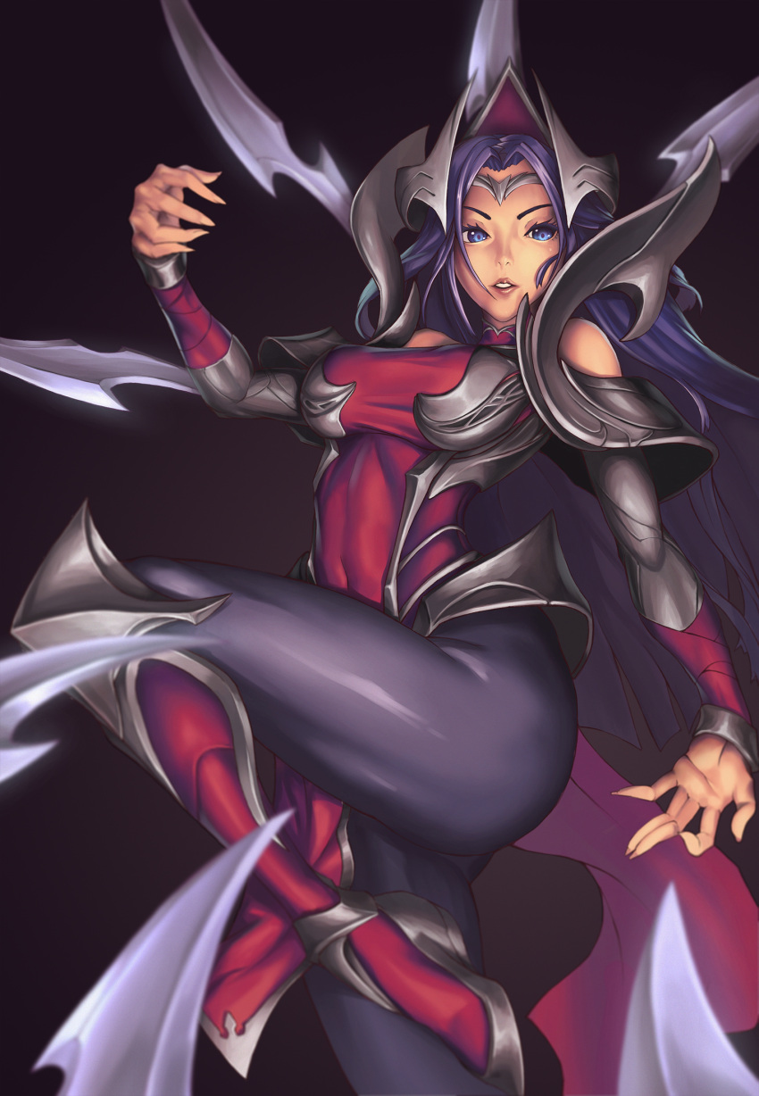 1girl armor armored_boots bangs bare_shoulders black_background black_legwear blade blue_eyes blue_hair boots breasts covered_navel forehead_protector highres irelia league_of_legends lips long_hair medium_breasts off_shoulder one_leg_raised parted_bangs parted_lips pelvic_curtain platinum_disco simple_background solo