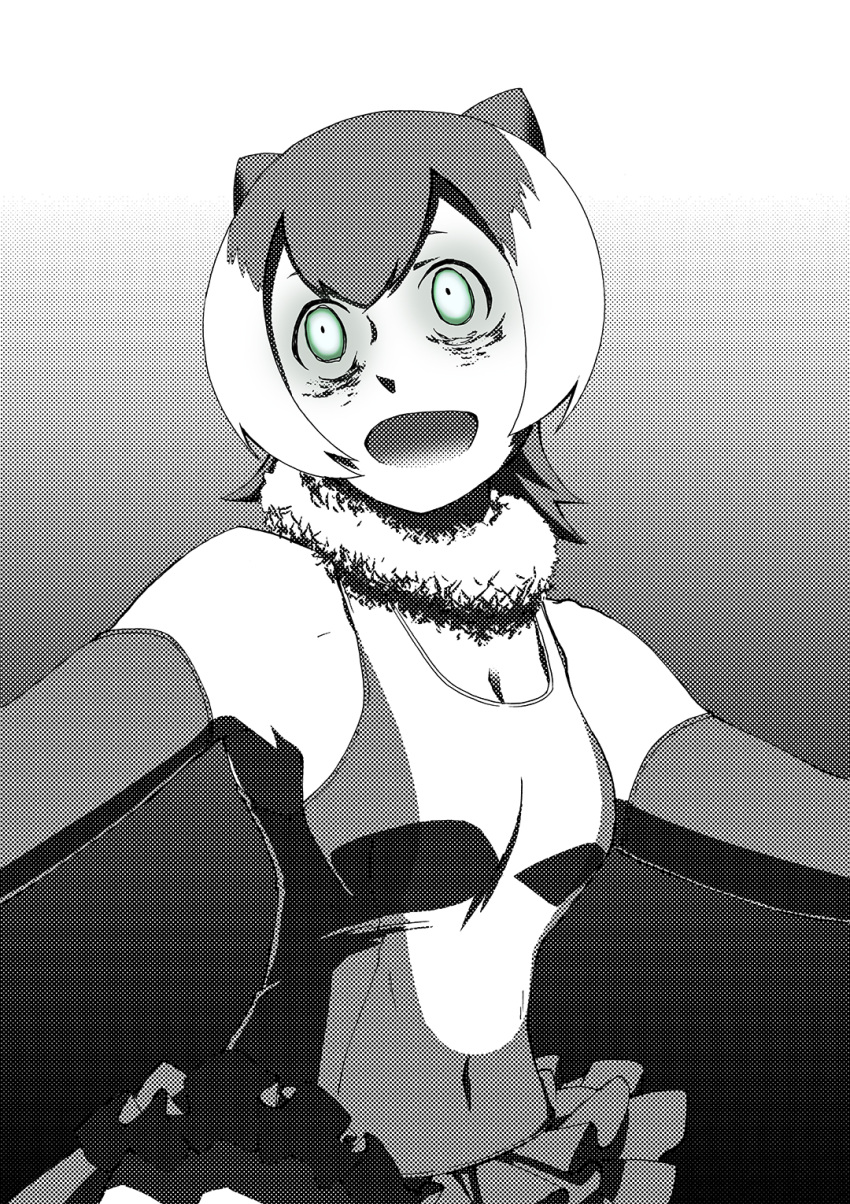 1girl animal_ears bangs breasts cleavage commentary covered_navel crazy_eyes crazy_smile dress elbow_gloves fur_collar gloves green_eyes greyscale halftone highres kaya_(nari1-24) kemono_friends layered_dress looking_to_the_side medium_breasts monochrome open_mouth otter_ears short_hair sleeveless sleeveless_dress small-clawed_otter_(kemono_friends) solo spot_color upper_body