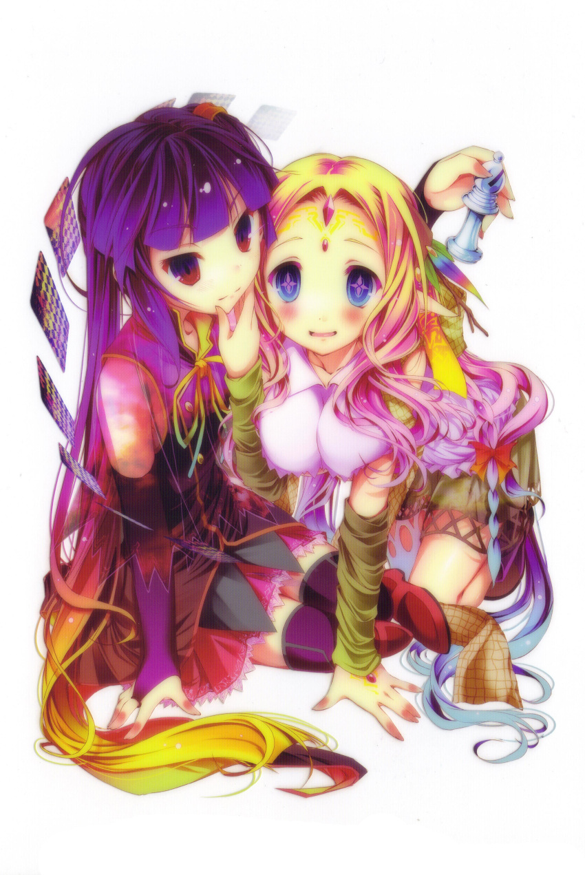 2girls absurdres arm_support bare_shoulders bishop_(chess) blonde_hair blue_eyes blush breasts bridal_gauntlets chess_piece clammy_zell elf feel_nilvalen forehead_jewel gradient_hair hair_ornament hair_rings highres kamiya_yuu large_breasts long_hair multicolored multicolored_eyes multicolored_hair multiple_girls no_game_no_life official_art open_mouth pointy_ears purple_hair red_eyes scan side_ponytail smile symbol-shaped_pupils thigh-highs under_boob very_long_hair violet_eyes zettai_ryouiki