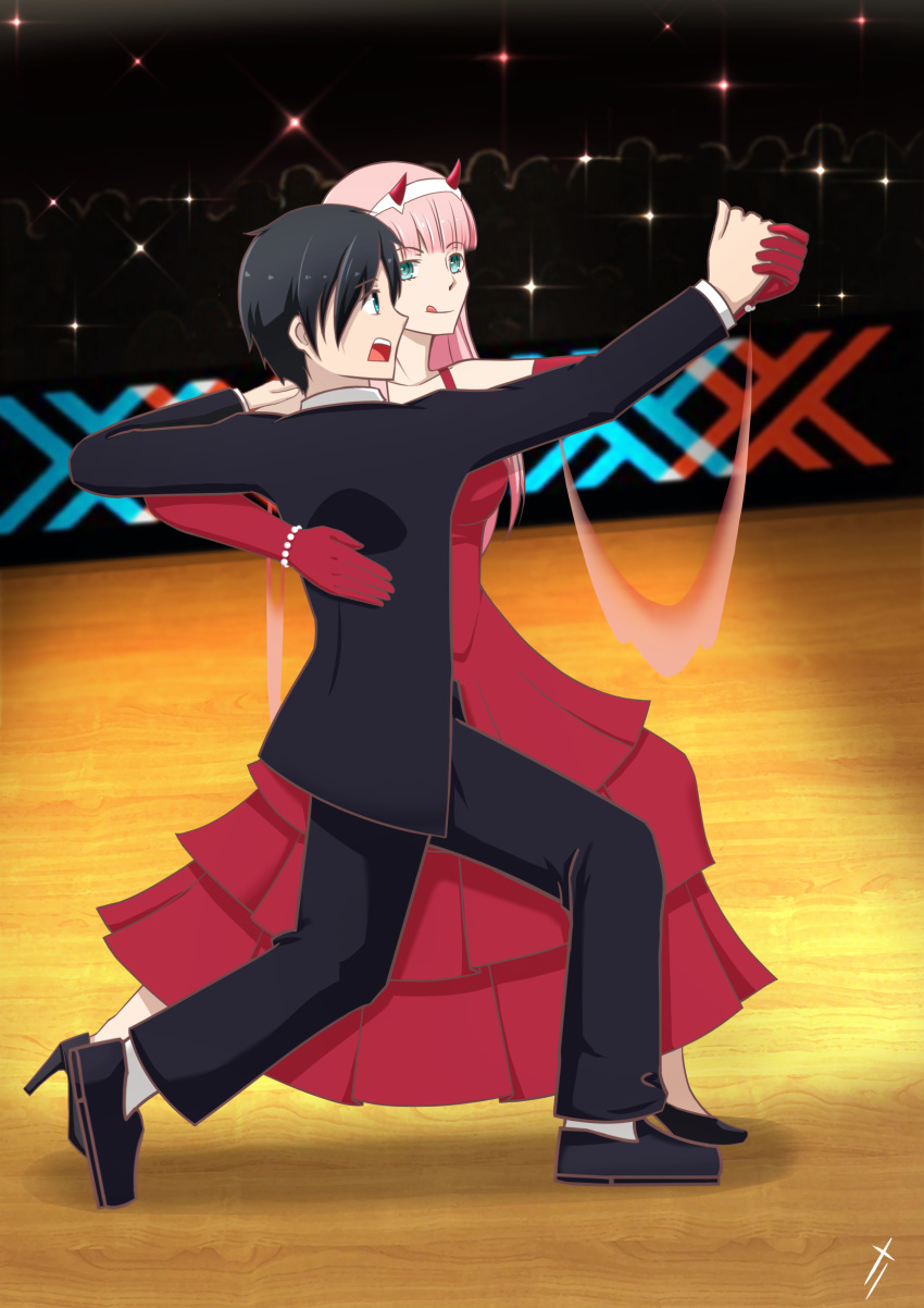 1355719590 1boy 1girl absurdres bangs black_footwear black_hair black_pants blue_eyes breasts commentary_request couple dancing darling_in_the_franxx dress elbow_gloves eyebrows_visible_through_hair formal gloves green_eyes hair_ornament hairband hand_on_another's_back hand_on_another's_shoulder hetero high_heels highres hiro_(darling_in_the_franxx) holding_hand horns large_breasts lipstick long_hair makeup no_socks oni_horns pant_suit pants pink_hair red_dress red_gloves red_horns shoes short_hair sleeveless sleeveless_dress suit tango white_hairband zero_two_(darling_in_the_franxx)