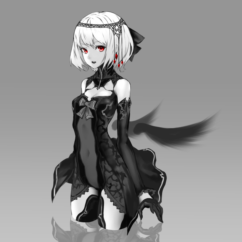 1girl :d black_gloves breasts cancell cleavage covered_navel detached_sleeves gloves highres looking_at_viewer open_mouth original red_eyes short_hair small_breasts smile solo teeth white_hair