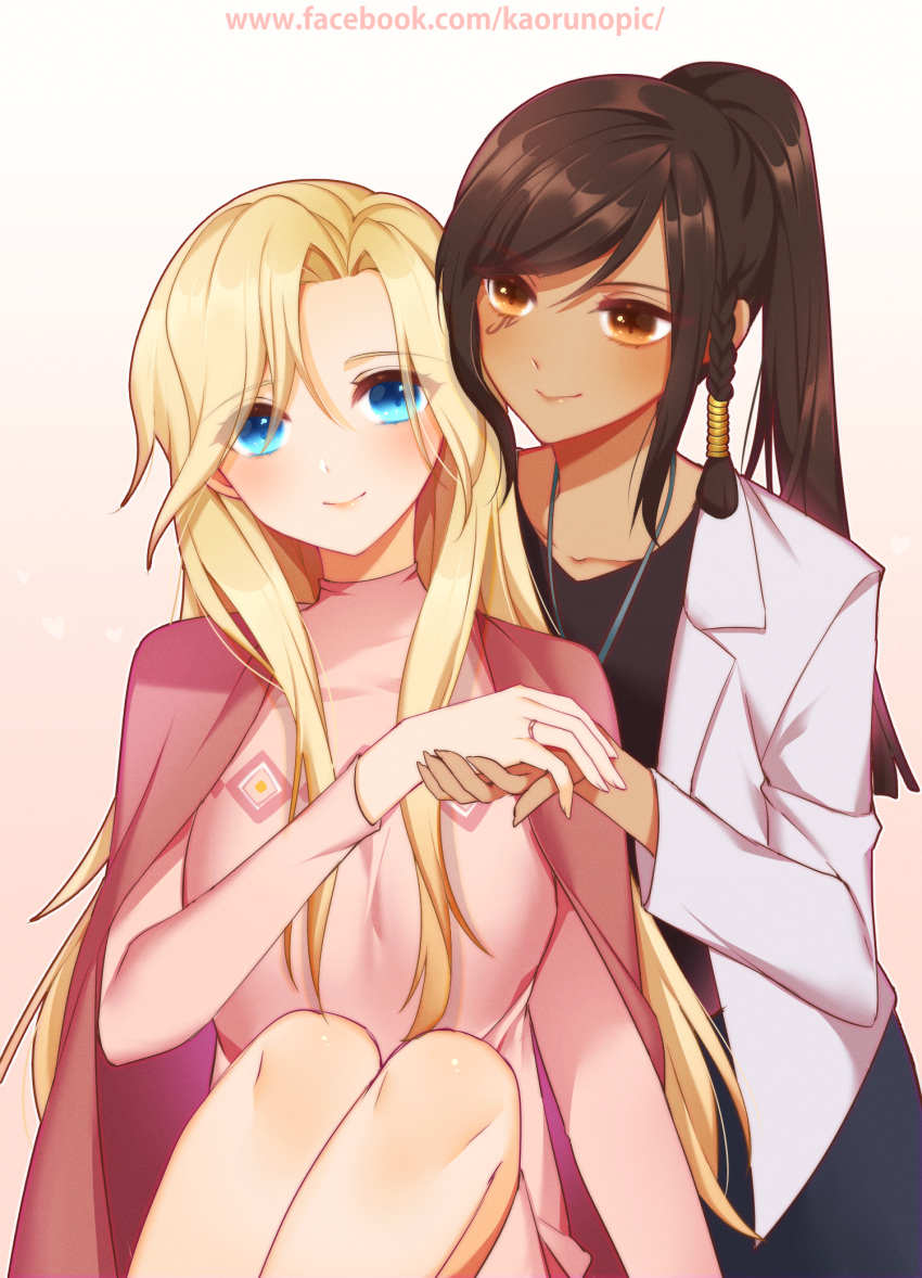 2girls atobesakunolove blonde_hair blue_eyes blush brown_eyes brown_hair cape closed_mouth commentary_request dark_skin dress eyebrows_visible_through_hair eyes_visible_through_hair facebook_username facial_mark highres holding_hand jacket jewelry long_hair long_sleeves looking_at_viewer mercy_(overwatch) multiple_girls necklace overwatch pharah_(overwatch) pink_cape pink_dress ponytail ring smile watermark web_address white_jacket yuri