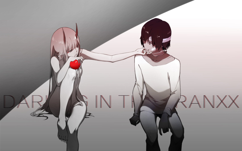 1boy 1girl apple bandage bandage_on_face bandaged_head bandaged_neck bangs barefoot black_hair breasts chenaze57 commentary_request couple darling_in_the_franxx eyebrows_visible_through_hair fingernails food fruit hair_over_breasts hand_on_another's_chin hetero highres hiro_(darling_in_the_franxx) holding holding_fruit horns large_breasts long_hair looking_at_another nail nude oni_horns pajamas pink_hair red_horns short_hair sitting zero_two_(darling_in_the_franxx)