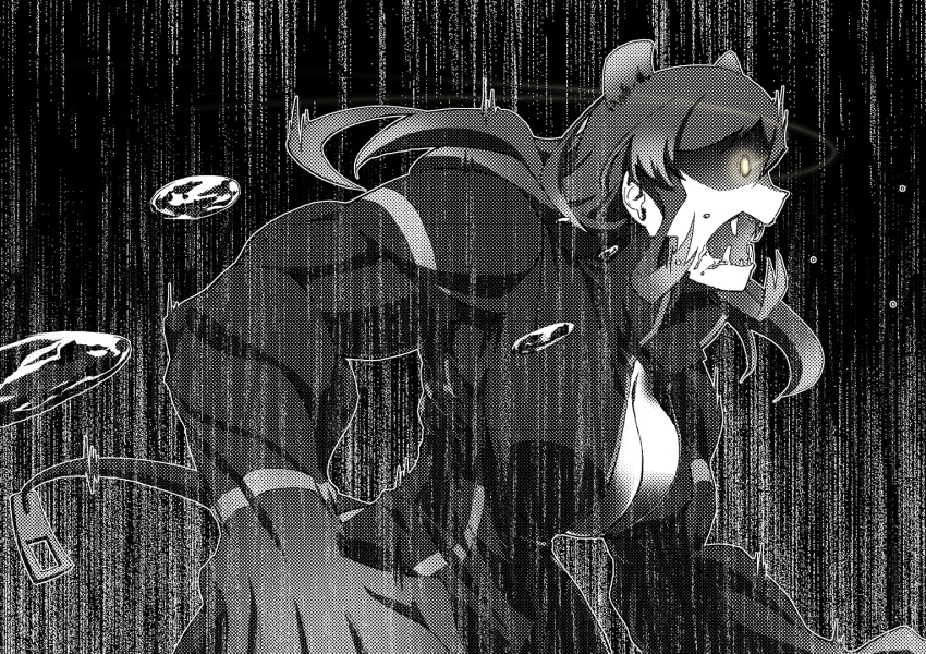 1girl animal_ears aura breasts cleavage commentary dark_aura droplet emphasis_lines fangs from_side glowing glowing_eyes greyscale halftone hippopotamus_(kemono_friends) huge_breasts jacket kaya_(nari1-24) kemono_friends long_hair long_sleeves monochrome motion_blur muscle muscular_female open_clothes open_jacket open_mouth saliva solo spot_color standing tail upper_body yellow_eyes