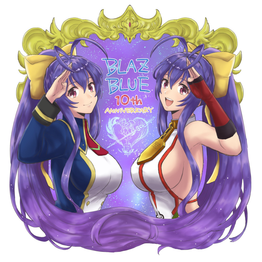 2girls :d age_comparison anniversary antenna_hair backless_outfit bangs bare_shoulders blazblue blazer blue_hair bow breasts copyright_name dual_persona fingerless_gloves genderswap genderswap_(mtf) gloves hair_between_eyes hair_bow halter_top halterneck highres jacket large_breasts lisa_(lisa_lisa_life) long_hair long_sleeves looking_at_viewer mai_natsume multiple_girls no_bra open_mouth ponytail red_gloves revealing_clothes ribbon salute school_uniform sideboob sidelocks smile time_paradox upper_body very_long_hair violet_eyes yellow_bow