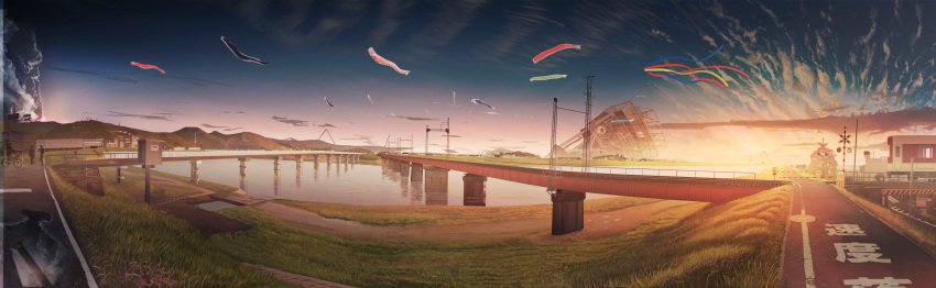 absurdres banishment bridge clouds commentary_request day grass highres koinobori no_humans original outdoors panorama power_lines railroad_crossing railroad_tracks river road road_sign ruins scenery sign sky street sunset transmission_tower