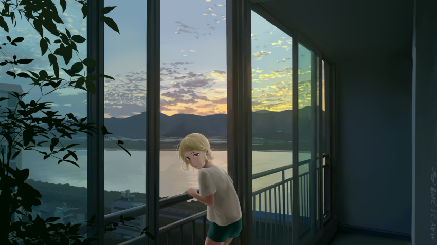 1girl blonde_hair blue_eyes blue_sky casual commentary dated english_commentary from_behind gremyashchy_(greythorn032) greythorn032 highres looking_at_viewer looking_back original personification plant scenery shorts sky smile solo sunset window world_of_warships