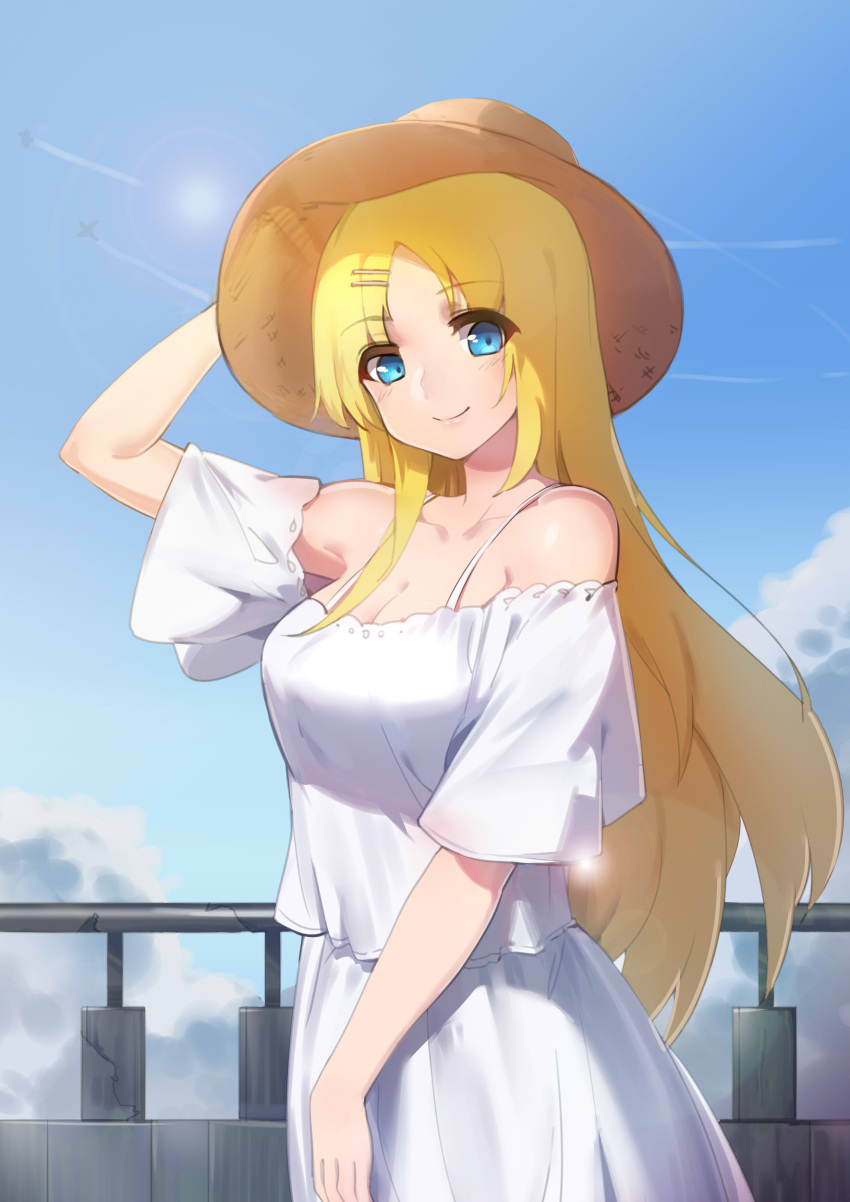 1girl absurdres aircraft airplane bare_shoulders blonde_hair blue_eyes breasts cleavage condensation_trail day hair_ornament hairclip hand_on_headwear hat highres large_breasts lens_flare long_hair looking_at_viewer off-shoulder_shirt outdoors railing saratoga_(zhan_jian_shao_nyu) shirt skirt sky smile solo straw_hat sun_hat very_long_hair white_shirt white_skirt ze_(wzfnn001) zhan_jian_shao_nyu