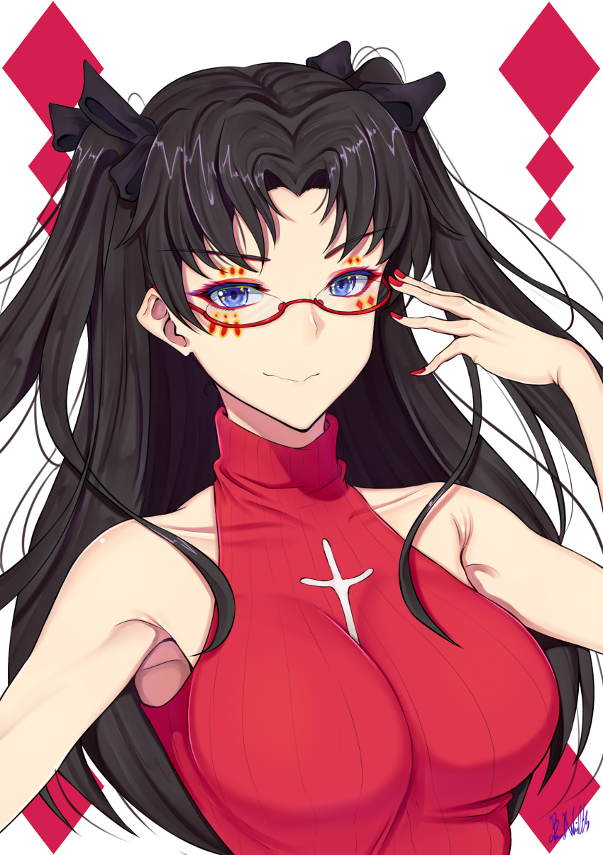 1girl adjusting_eyewear armpits artist_name band-width bangs bare_shoulders black_hair black_ribbon blue_eyes breasts closed_mouth collarbone eyebrows_visible_through_hair eyeshadow facepaint fate/extra fate/stay_night fate_(series) glasses hair_ribbon highres large_breasts long_hair makeup nail_polish parted_bangs red-framed_eyewear red_nails red_sweater ribbed_sweater ribbon semi-rimless_eyewear signature smile solo sweater tohsaka_rin turtleneck turtleneck_sweater two_side_up under-rim_eyewear upper_body wavy_mouth